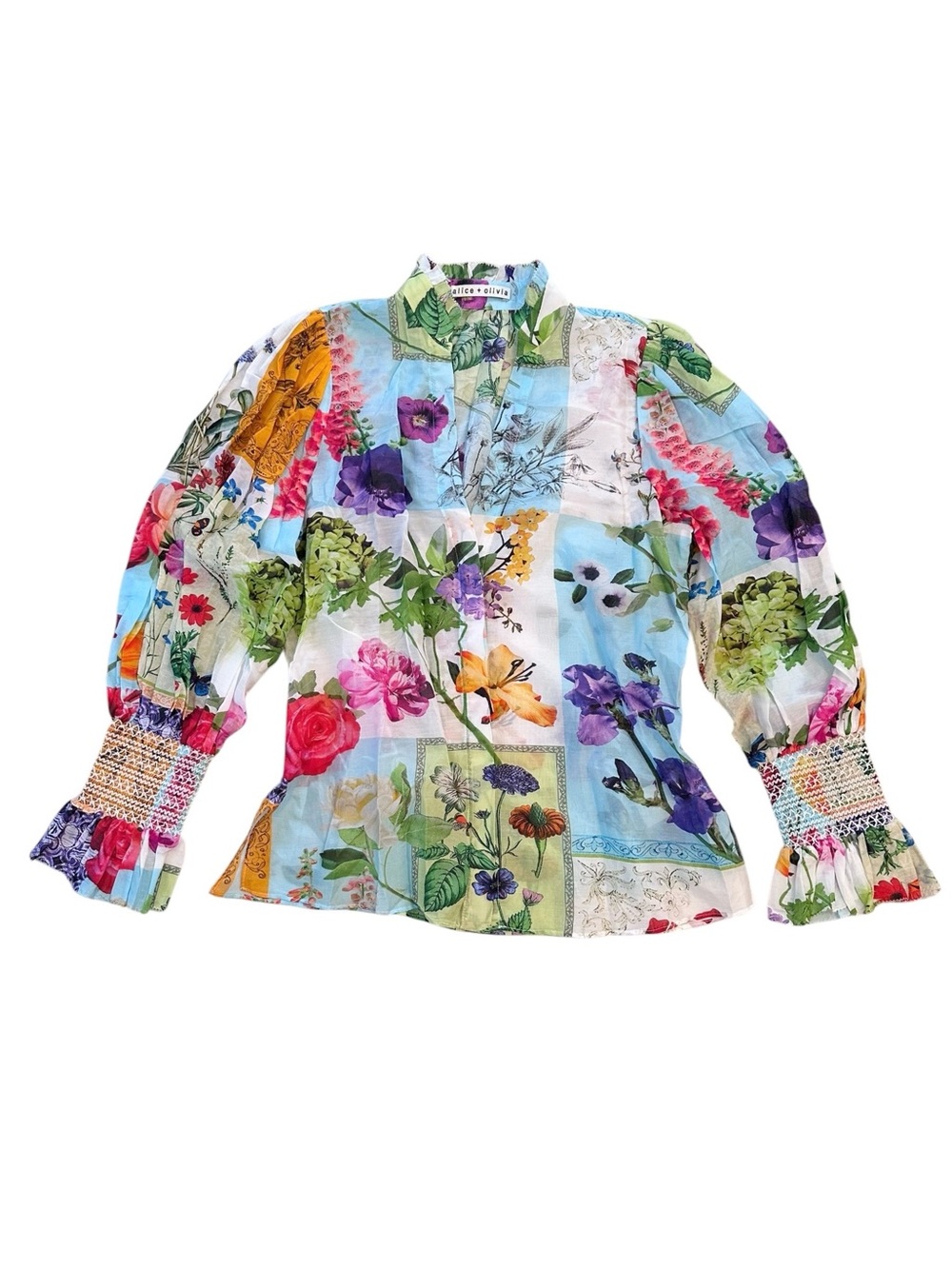 Alice + Olivia Ilan Smocked Sleeve Button Front Blouse Make a Statement XS
